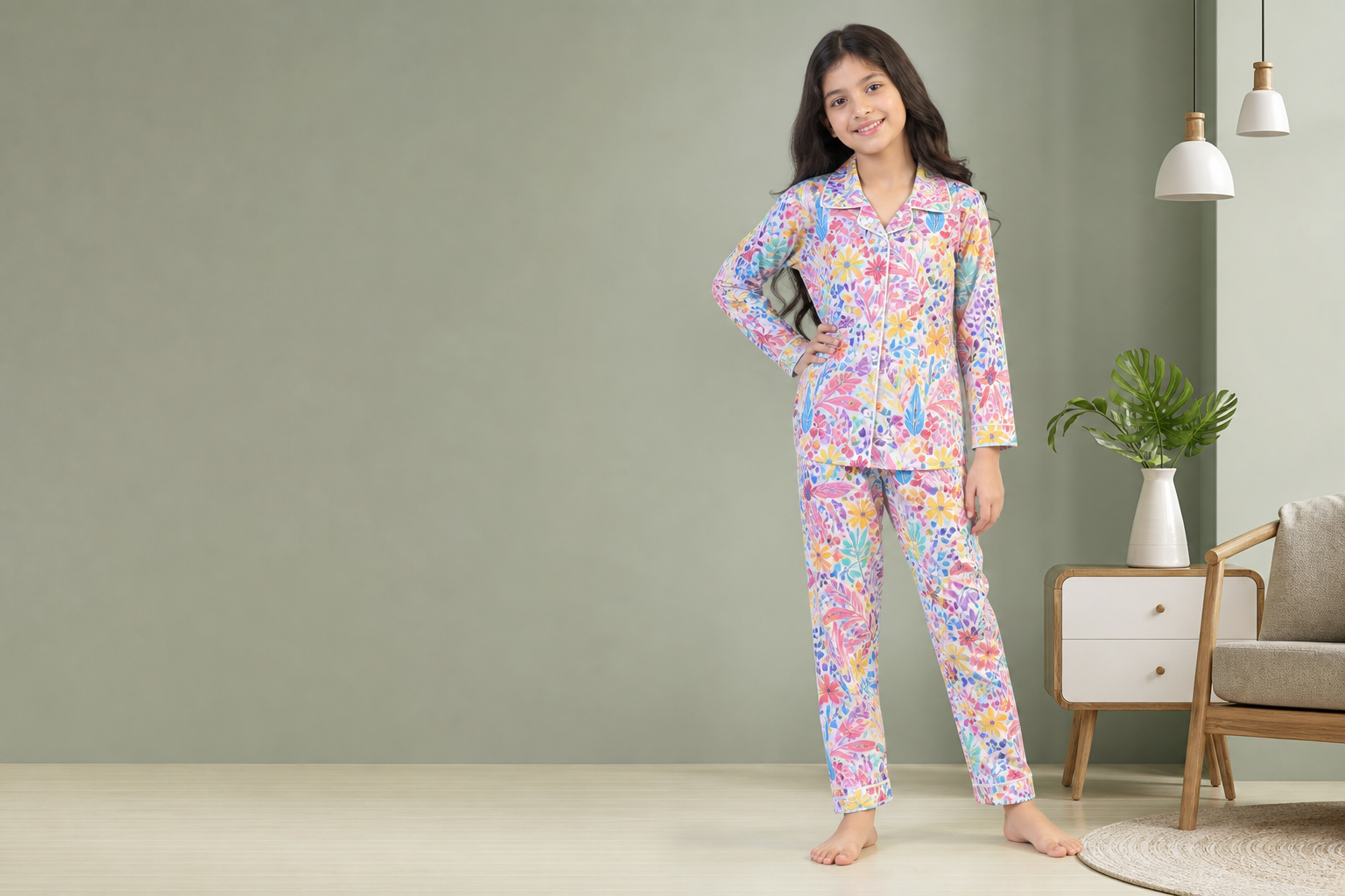 Girls Night Suit · Colourful All-Over model fabric presentation