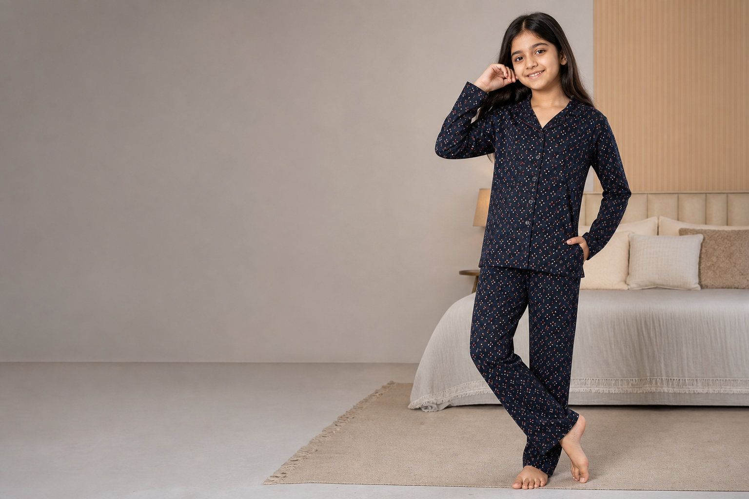 Girls Night Suit · Dark All-Over model fabric presentation