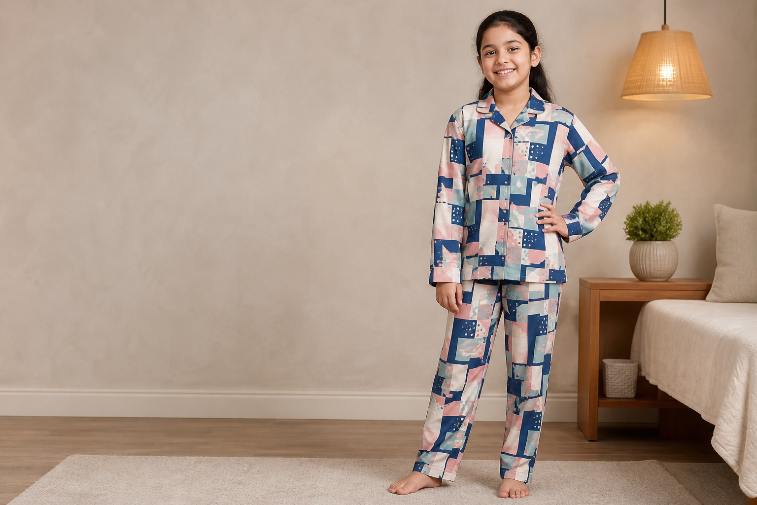 Girls Night Suit · Geometric All-Over model fabric presentation