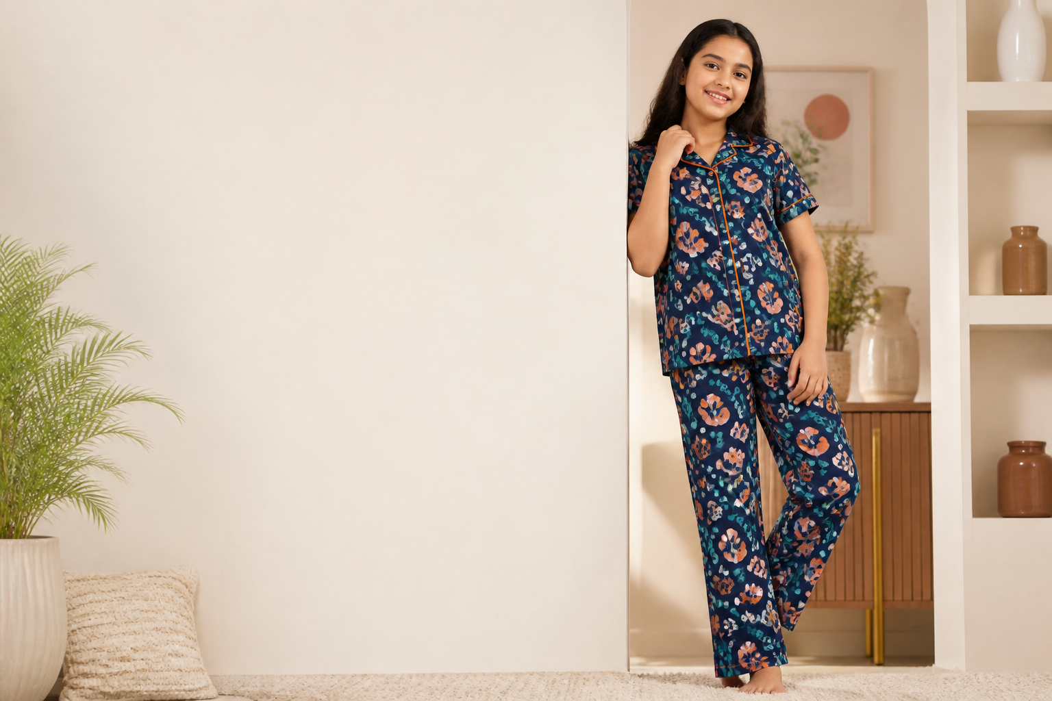 Girls Night Suit model fabric presentation