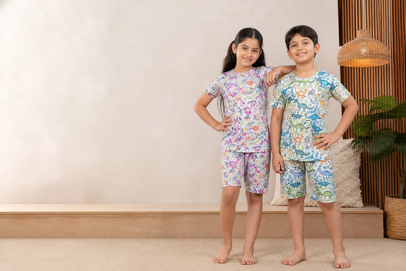 Kids Half-Pajama Set · Colourful All-Over model fabric presentation