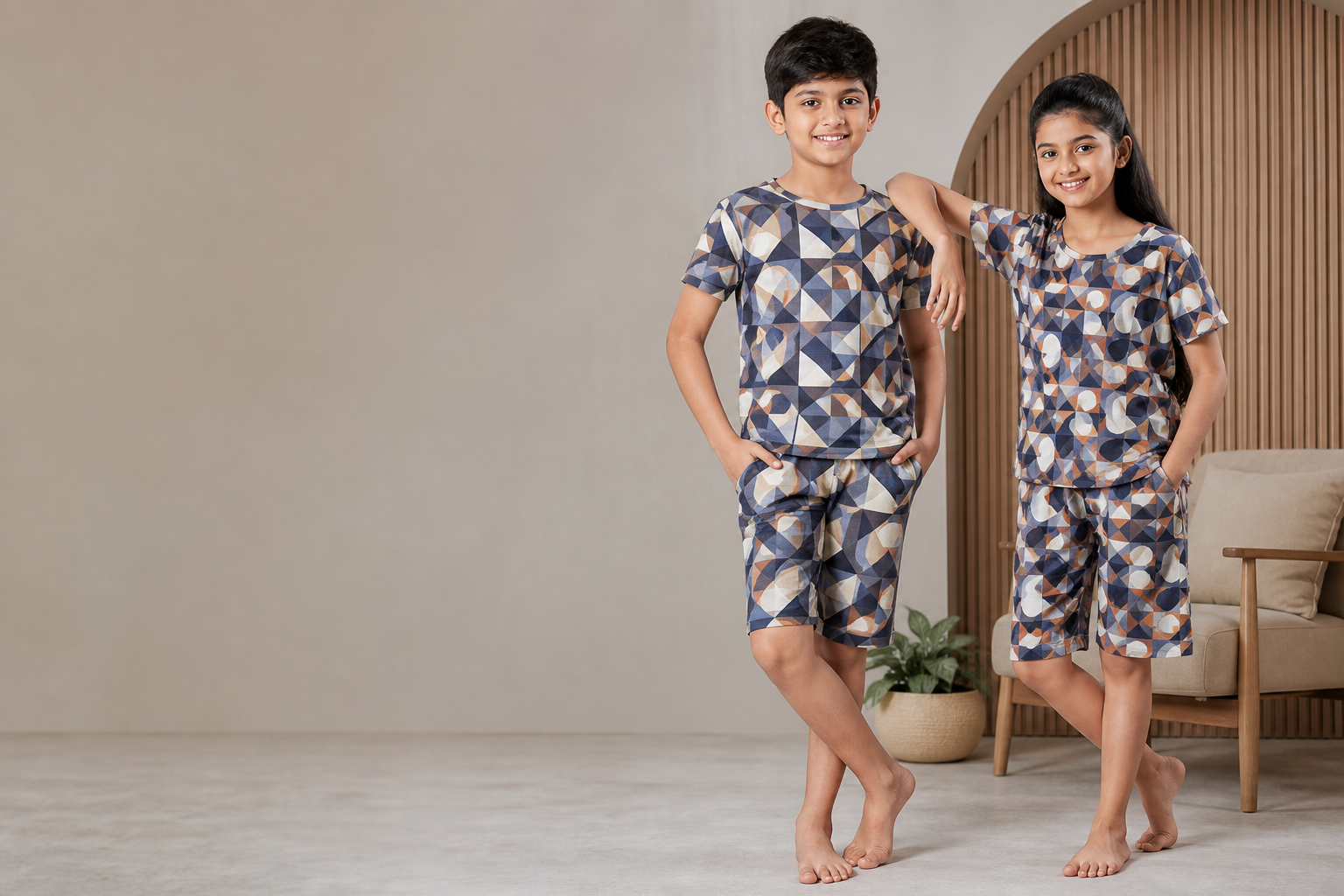 Kids Half-Pajama Set · Geometric All-Over model fabric presentation