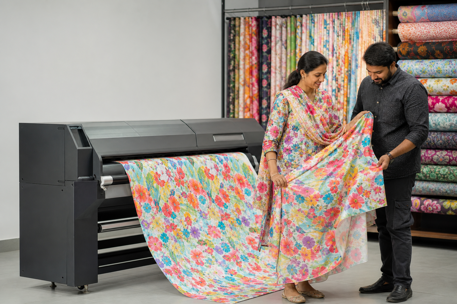 Made-to-Order Printing · Colourful All-Over model fabric presentation