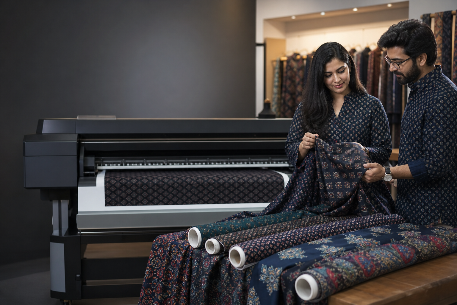 Made-to-Order Printing · Dark All-Over model fabric presentation