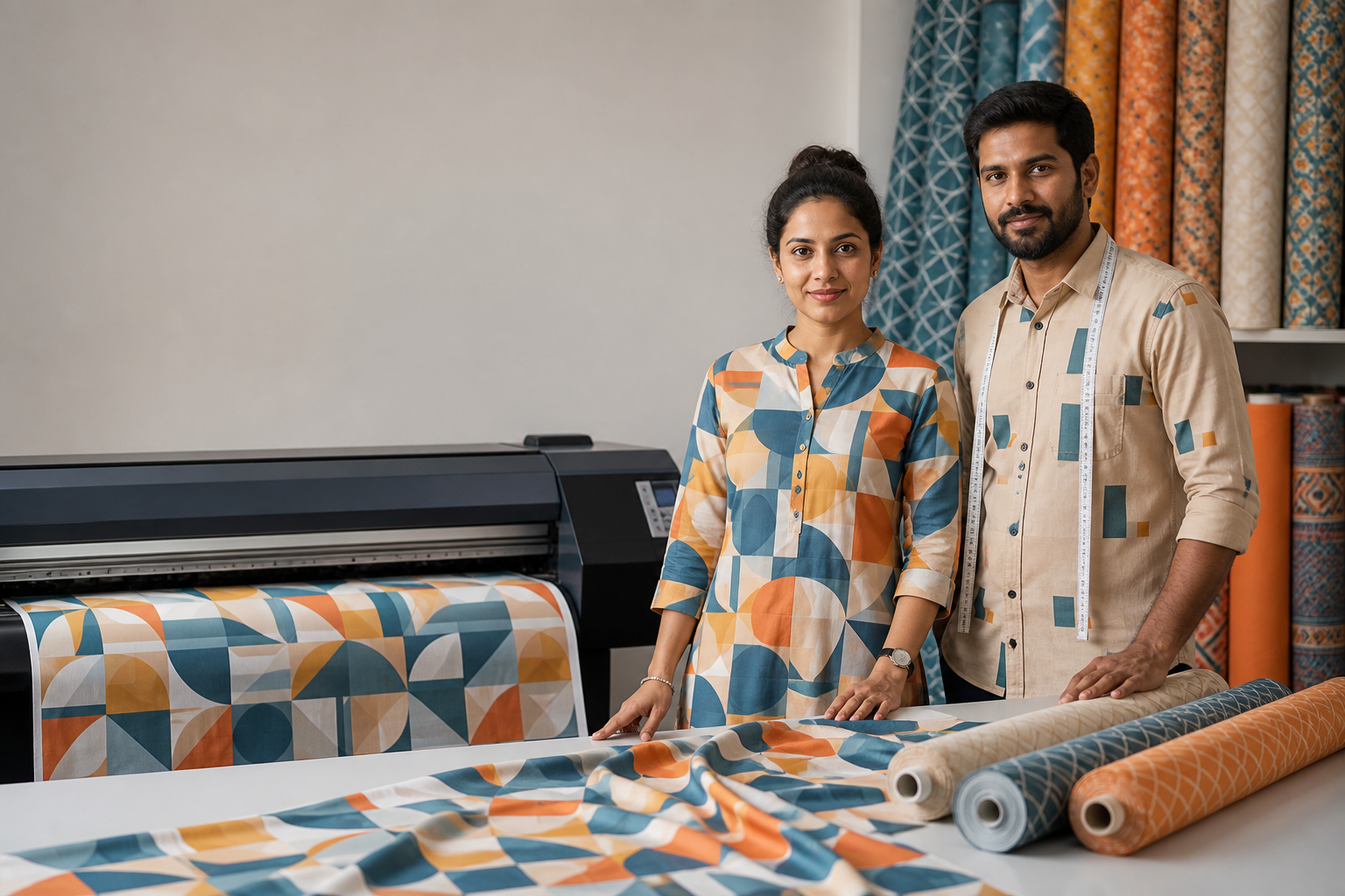 Made-to-Order Printing · Geometric All-Over model fabric presentation