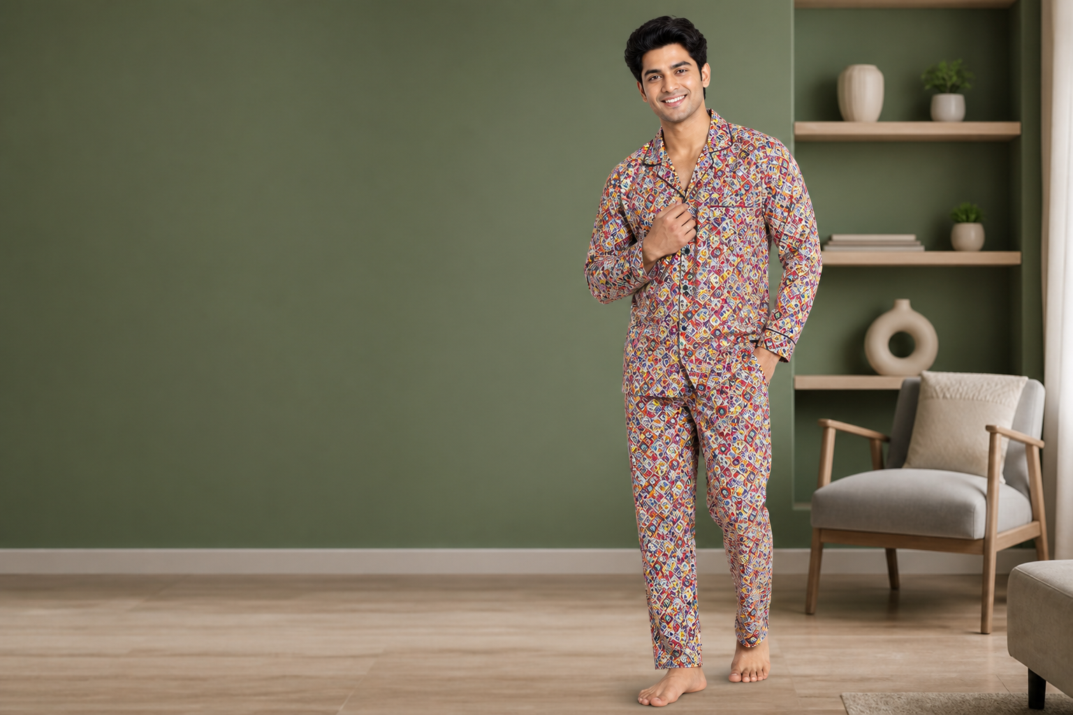 Men Night Suit · Colourful All-Over model fabric presentation