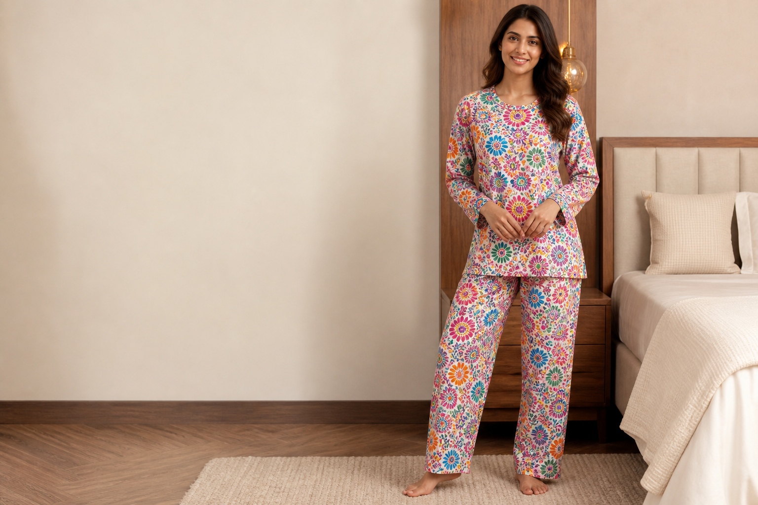 Women Night Suit · Colourful All-Over model fabric presentation